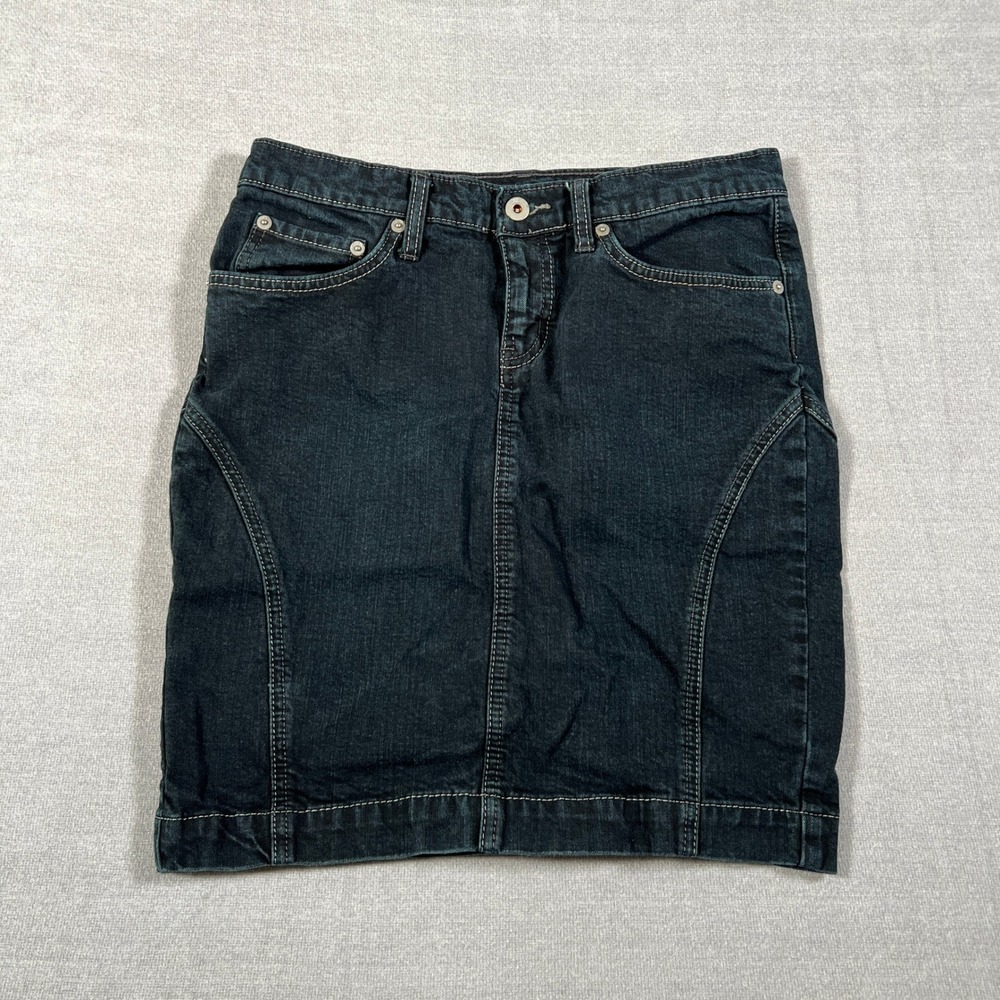 X2 Denim Mini Skirt Stretch Mid Rise Jean Skirt Women Size 4 Black Cotton Blend